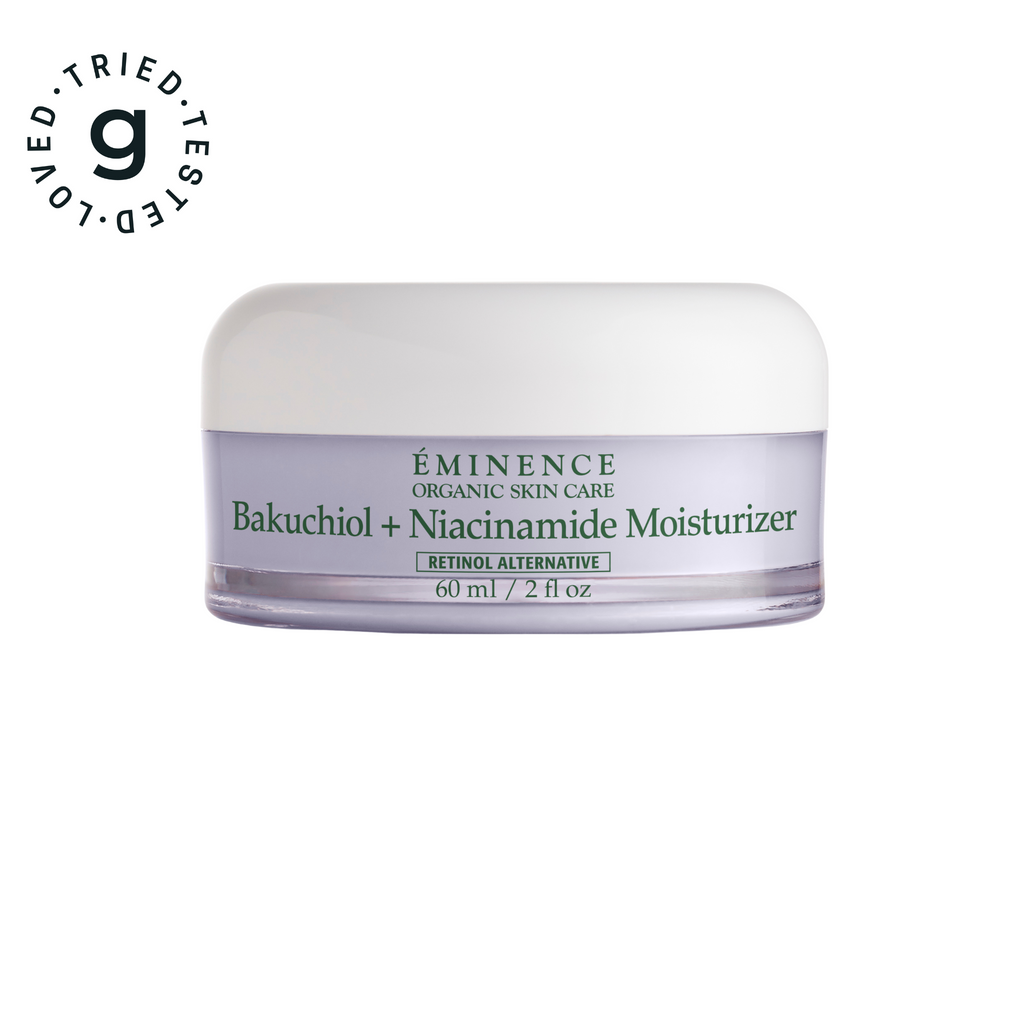 Eminence moisturizer jar on a white background with a Gllosse Badge