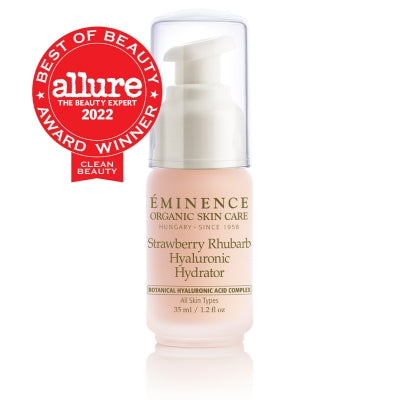 Eminence Strawberry Rhubarb Hyaluronic Hydrator with Allure Award Winner badge on a white background