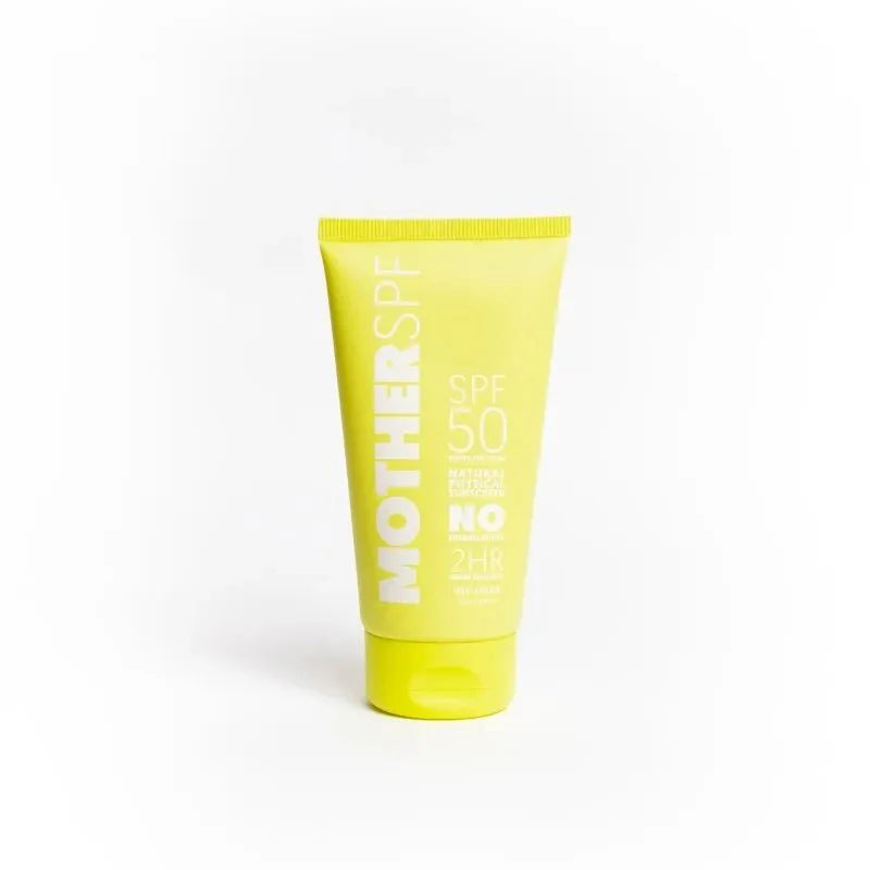 Yellow sunscreen tube labeled 'Mother Sun' on a white background